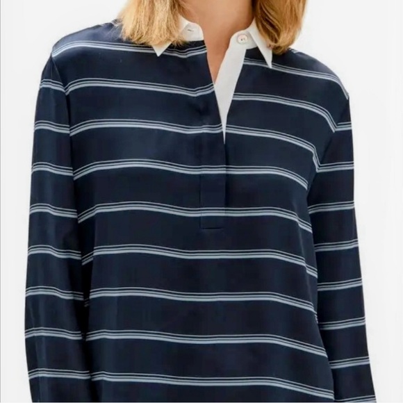 Vince Silk Rugby Navy Blue Striped Polo | 100% Silk Woman's - Picture 1 of 8